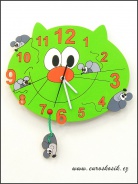 Dětské hodiny nástěnné Kočka zelená