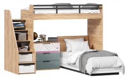 Detská poschodová posteľ Trendy 90x200cm s komodou - dub zlatý/biela/sivomodrá/ružová