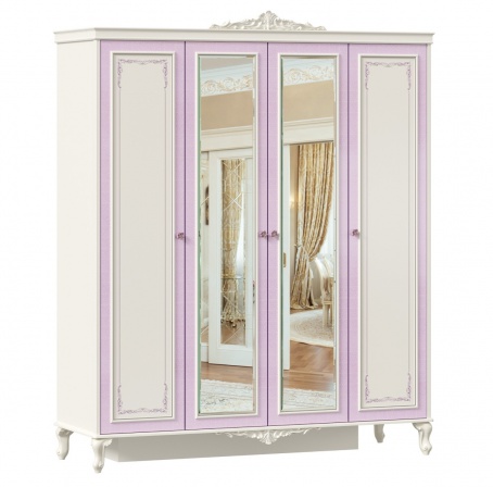 Skriňa 4-dverová so zrkadlom Comtesa - alabaster/fialová