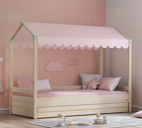 Domčeková posteľ so strieškou a úložným priestorom Fairy II - dub svetlý/ružová