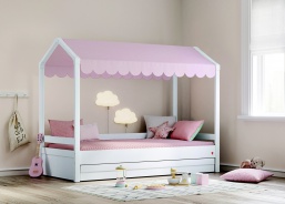 Domčeková posteľ so strieškou a úložným priestorom Fairy II - biela/ružová