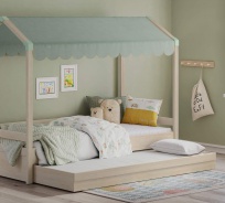 Domčeková posteľ so strieškou a úložným priestorom Fairy II - dub svetlý/zelená