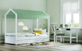 Domčeková posteľ so strieškou a úložným priestorom Fairy II - biela/zelená