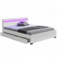 Manželská postel s úložným prostorem, RGB LED osvětlení, bílá ekokůže, 180x200, CLARETA