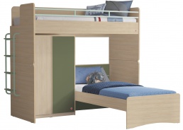 Poschodová posteľ so skriňou a rebríkom Fairy Modular - dub svetlý/zelená