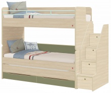 Poschodová posteľ s prístelkou, úložným priestorom a schodíkmi Fairy Modular - dub svetlý/zelená