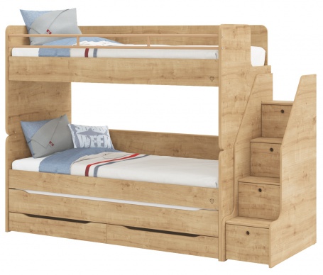 Poschodová posteľ s prístelkou, úložným priestorom a schodíkmi Cody Modular - dub