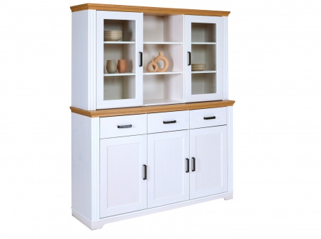 Široký kredenc z masívu Malcolm - biela/dub