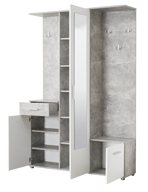 Predsieňová zostava madeline - biela/betón.

 

Policové časti skriniek poslúži na odloženie obuvi a na háčiky odložíte bundy, kabáty alebo šatky.

 

Predsieňovú zostavu Madeline v inom farebnom prevedení nájdete nižšie v súvisiacich produktoch.