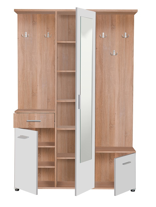 Predsieňová zostava madeline - biela/dub sonoma.

 

Policové časti skriniek poslúži na odloženie obuvi a na háčiky odložíte bundy, kabáty alebo šatky.

 

Predsieňovú zostavu Madeline v inom farebnom prevedení nájdete nižšie v súvisiacich produktoch.