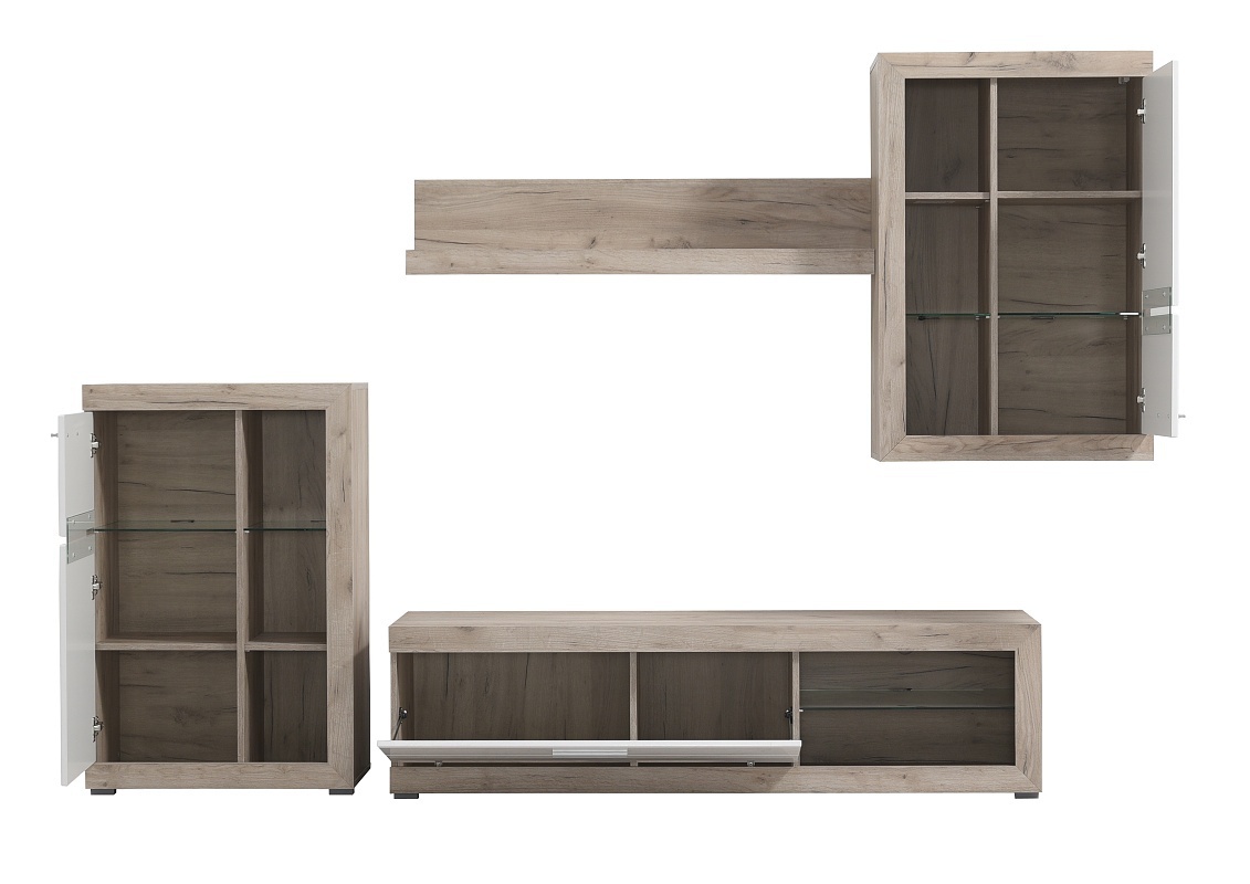 Obývacia stena jonah - biela/dub šedý.

 

Televízny stolík sa skladá z výklopných dvierok a otvoreného priestoru s presklenou policou.

 

Stena je vyrobená z kvalitného lamina hrúbky 16mm, ktoré poteší nenáročnou údržbou a odolnosťou proti poškodeniu a vlhkosti.

 

Obývaciu stenu Jonah v inom farebnom prevedení nájdete nižšie v súvisiacich produktoch.