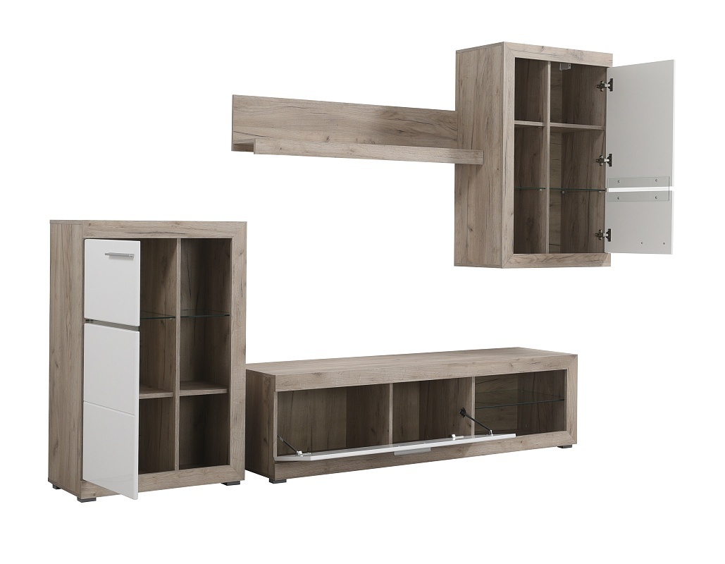 Obývacia stena jonah - biela/dub šedý.

 

Televízny stolík sa skladá z výklopných dvierok a otvoreného priestoru s presklenou policou.

 

Stena je vyrobená z kvalitného lamina hrúbky 16mm, ktoré poteší nenáročnou údržbou a odolnosťou proti poškodeniu a vlhkosti.

 

Obývaciu stenu Jonah v inom farebnom prevedení nájdete nižšie v súvisiacich produktoch.