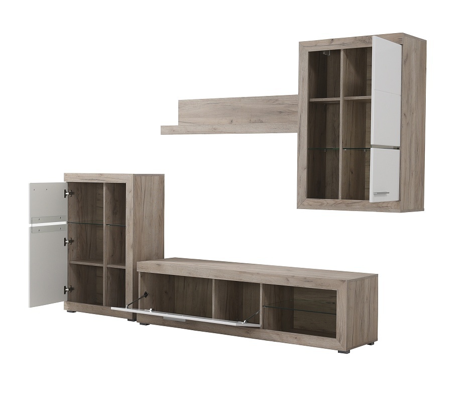 Obývacia stena jonah - biela/dub šedý.

 

Televízny stolík sa skladá z výklopných dvierok a otvoreného priestoru s presklenou policou.

 

Stena je vyrobená z kvalitného lamina hrúbky 16mm, ktoré poteší nenáročnou údržbou a odolnosťou proti poškodeniu a vlhkosti.

 

Obývaciu stenu Jonah v inom farebnom prevedení nájdete nižšie v súvisiacich produktoch.