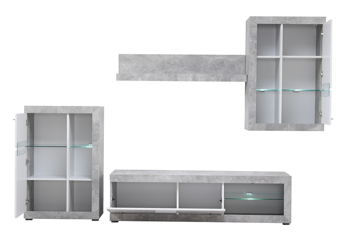 Obývacia stena s osvetlením jonah - biela/betón.

 

Televízny stolík sa skladá z výklopných dvierok a otvoreného priestoru s presklenou policou.

 

Stena je vyrobená z kvalitného lamina hrúbky 16mm, ktoré poteší nenáročnou údržbou a odolnosťou proti poškodeniu a vlhkosti.

 

Obývaciu stenu Jonah v inom farebnom prevedení nájdete nižšie v súvisiacich produktoch.