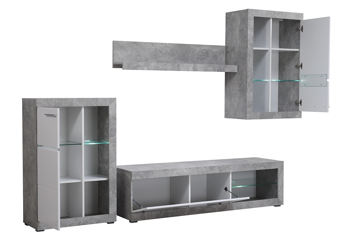 Obývacia stena s osvetlením jonah - biela/betón.

 

Televízny stolík sa skladá z výklopných dvierok a otvoreného priestoru s presklenou policou.

 

Stena je vyrobená z kvalitného lamina hrúbky 16mm, ktoré poteší nenáročnou údržbou a odolnosťou proti poškodeniu a vlhkosti.

 

Obývaciu stenu Jonah v inom farebnom prevedení nájdete nižšie v súvisiacich produktoch.