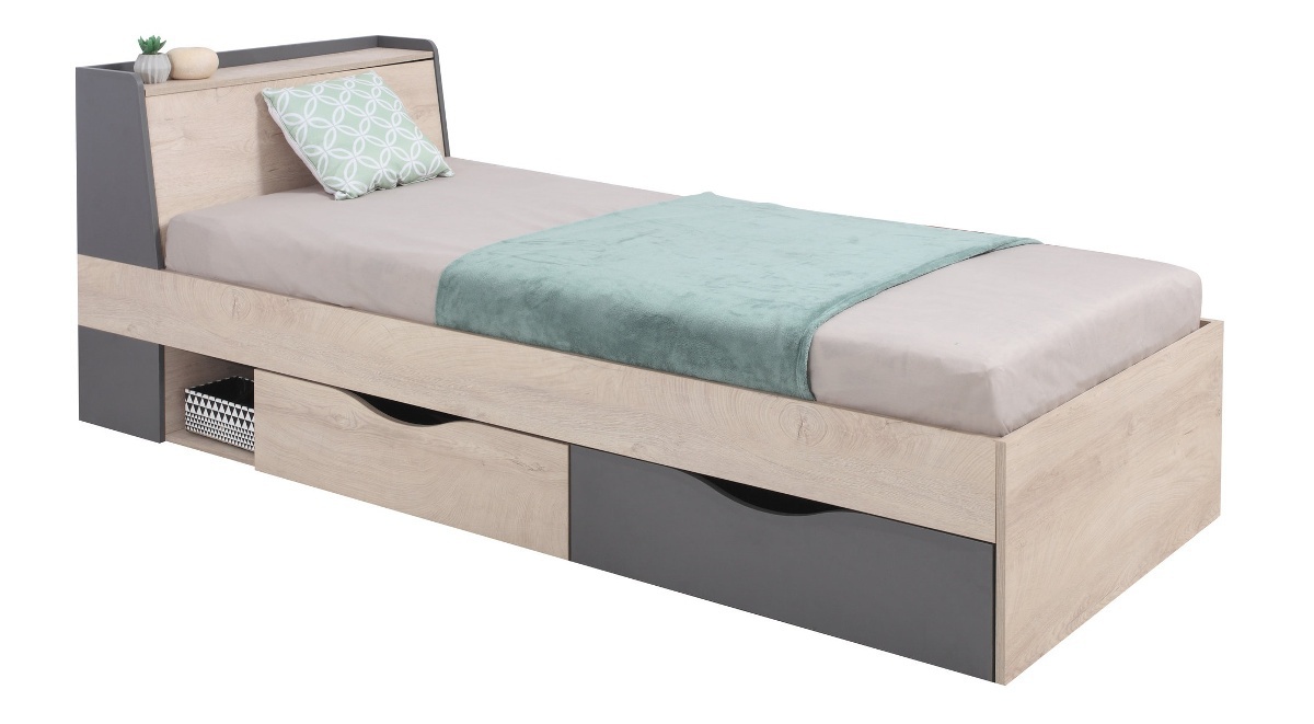 Detská posteľ gama 90x200cm s úložnym priestorom - dub/antracit.

 

Posteľ Gama vás tiež poteší čelom, o ktoré sa môže dieťa večer pohodlne oprieť a čítať si obľúbenú knižku. Čelo postele je navyše pomerne široké, teda na neho môže odkladať veci, ktoré chcete mať po ruke. Čelo (nadstavec) tak môže poslúžiť ako náhrada nočného stolíka. Vzhľadom k neutrálnej kombinácii farieb sa posteľ hodí do dievčenskej aj chlapčenskej izby. Túto posteľ si môžete sami poskladať v ľavej aj v pravej variante.

 

Posteľ Gama je vyrobená z kvalitného lamina, ktorého výhodou je predovšetkým ľahká údržba, čo mnoho z nás iste ocení.

 

Rozmery detské postele Gama sú 94x85x230cm (š, v, h).