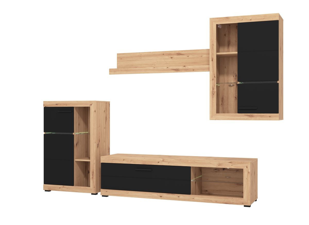 Obývacia stena jonah - čierna/dub artisan.

 

Televízny stolík sa skladá z výklopných dvierok a otvoreného priestoru s presklenou policou.

 

Stena je vyrobená z kvalitného lamina hrúbky 16mm, ktoré poteší nenáročnou údržbou a odolnosťou proti poškodeniu a vlhkosti.

 

Obývaciu stenu Jonah v inom farebnom prevedení nájdete nižšie v súvisiacich produktoch.