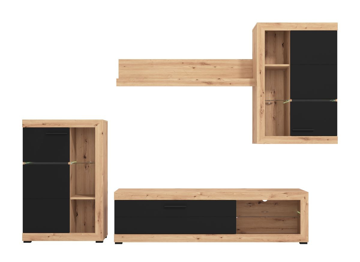 Obývacia stena jonah - čierna/dub artisan.

 

Televízny stolík sa skladá z výklopných dvierok a otvoreného priestoru s presklenou policou.

 

Stena je vyrobená z kvalitného lamina hrúbky 16mm, ktoré poteší nenáročnou údržbou a odolnosťou proti poškodeniu a vlhkosti.

 

Obývaciu stenu Jonah v inom farebnom prevedení nájdete nižšie v súvisiacich produktoch.