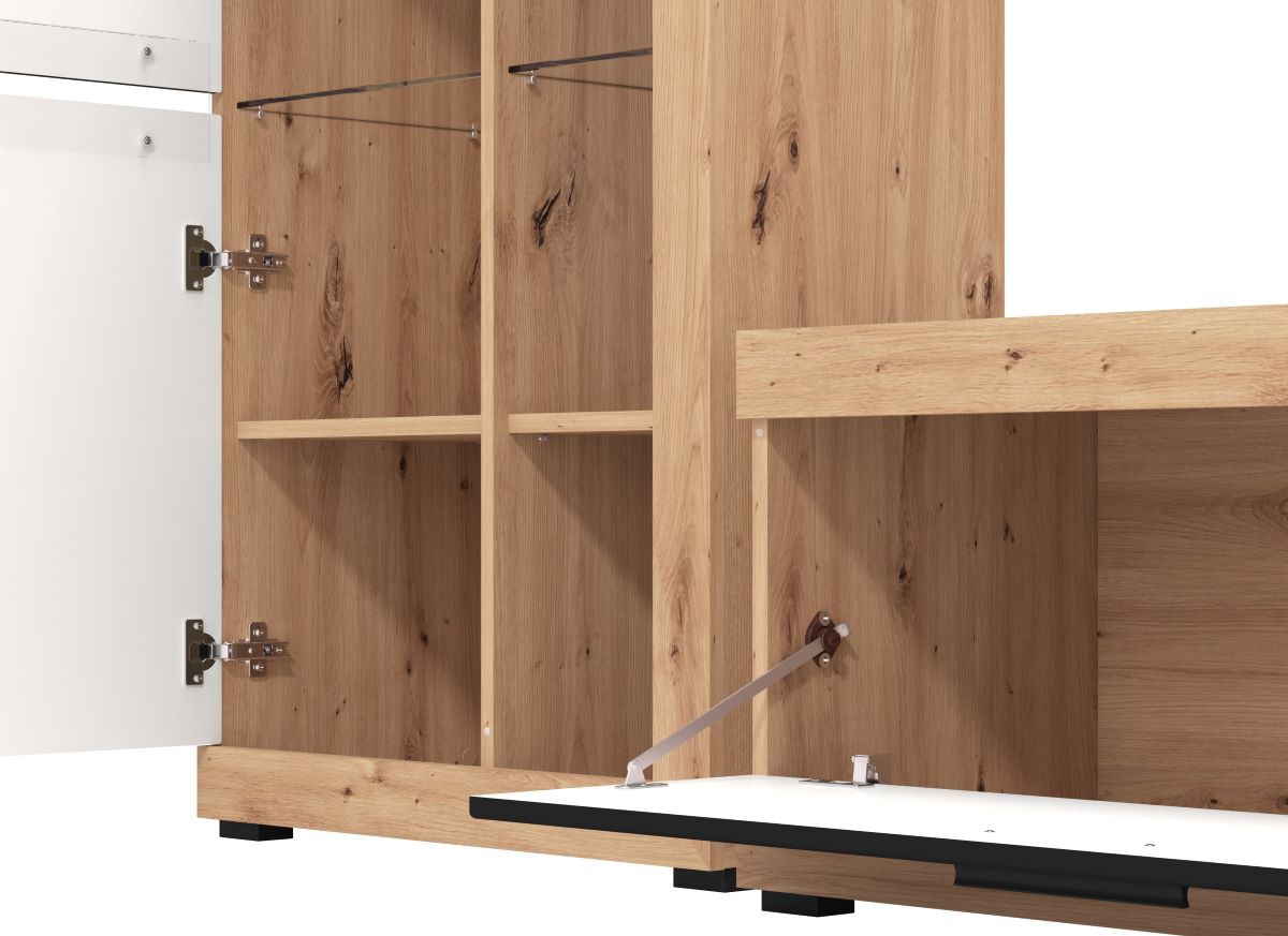 Obývacia stena s osvetlením jonah - čierna/dub artisan.

 

Televízny stolík sa skladá z výklopných dvierok a otvoreného priestoru s presklenou policou.

 

Stena je vyrobená z kvalitného lamina hrúbky 16mm, ktoré poteší nenáročnou údržbou a odolnosťou proti poškodeniu a vlhkosti.

 

Obývaciu stenu Jonah v inom farebnom prevedení nájdete nižšie v súvisiacich produktoch.