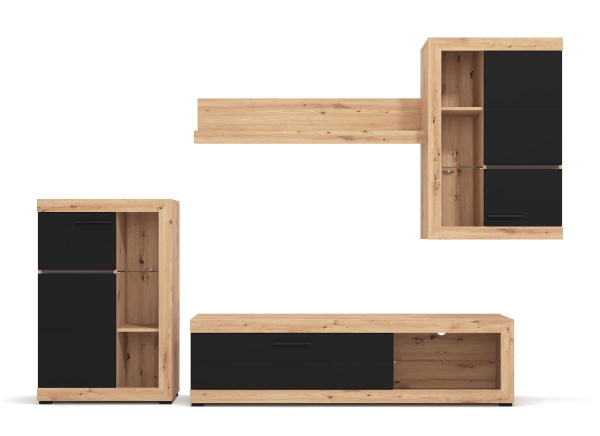 Obývacia stena s osvetlením jonah - čierna/dub artisan.

 

Televízny stolík sa skladá z výklopných dvierok a otvoreného priestoru s presklenou policou.

 

Stena je vyrobená z kvalitného lamina hrúbky 16mm, ktoré poteší nenáročnou údržbou a odolnosťou proti poškodeniu a vlhkosti.

 

Obývaciu stenu Jonah v inom farebnom prevedení nájdete nižšie v súvisiacich produktoch.