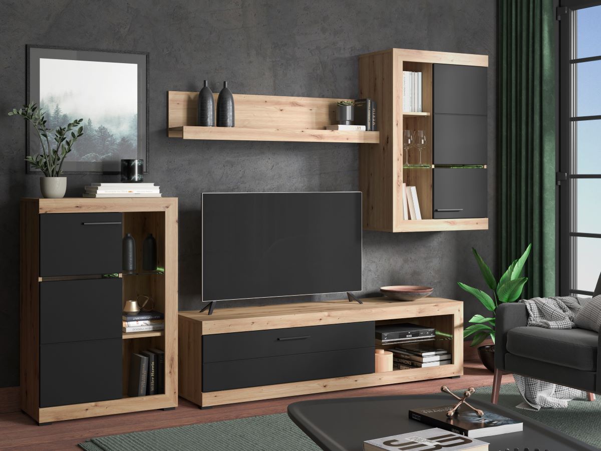 Obývacia stena s osvetlením jonah - čierna/dub artisan.

 

Televízny stolík sa skladá z výklopných dvierok a otvoreného priestoru s presklenou policou.

 

Stena je vyrobená z kvalitného lamina hrúbky 16mm, ktoré poteší nenáročnou údržbou a odolnosťou proti poškodeniu a vlhkosti.

 

Obývaciu stenu Jonah v inom farebnom prevedení nájdete nižšie v súvisiacich produktoch.