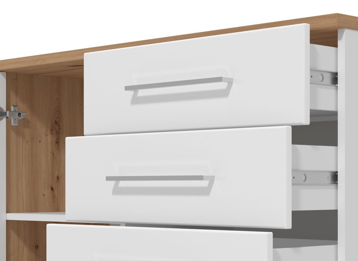 Moderná spálňa auri iii - dub artisan/biela.

 

Posteľ je celočalúnená a použitá látka v tmavo zelenom odtieni nesie označenie MONOLITH 37.

 

Priestranná šatníková skriňa vás nadchne svojou úložnou plochou, ktorú zaisťuje nielen objemná visiaca plocha, ale taktiež prehľadný policový systém.

 

Nábytok je vyrobený z lamina v dekore dub artisan a v bielej farbe v sile 16 a 25mm.

 

Moderná spálňa Auri III sa skladá z týchto prvkov:


	Manželská posteľ 160x200cm Corey - 193x110x214cm (š, v, h), ložná plocha je 160x200cm
	2x Nočný stolík Auri - 45x69x40cm (š, v, h)
	Kombinovaná komoda Auri - 108x87x40cm (š, v, h)
	Trojdverová posuvná skriňa so zrkadlom Auri - 262,5x224x65,5cm (š, v, h)
	Rám k šatníkovej skrini 270 s osvetlením 6 LED



Všetok nábytok patriaci do kolekcie Auri nájdete nižšie v súvisiacich produktoch.