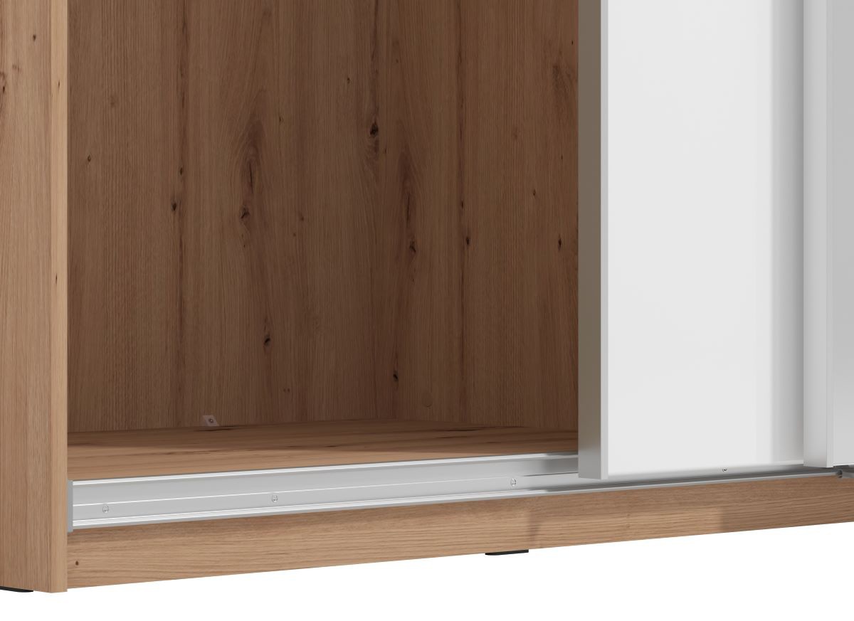 Moderná spálňa auri iii - dub artisan/biela.

 

Posteľ je celočalúnená a použitá látka v tmavo zelenom odtieni nesie označenie MONOLITH 37.

 

Priestranná šatníková skriňa vás nadchne svojou úložnou plochou, ktorú zaisťuje nielen objemná visiaca plocha, ale taktiež prehľadný policový systém.

 

Nábytok je vyrobený z lamina v dekore dub artisan a v bielej farbe v sile 16 a 25mm.

 

Moderná spálňa Auri III sa skladá z týchto prvkov:


	Manželská posteľ 160x200cm Corey - 193x110x214cm (š, v, h), ložná plocha je 160x200cm
	2x Nočný stolík Auri - 45x69x40cm (š, v, h)
	Kombinovaná komoda Auri - 108x87x40cm (š, v, h)
	Trojdverová posuvná skriňa so zrkadlom Auri - 262,5x224x65,5cm (š, v, h)
	Rám k šatníkovej skrini 270 s osvetlením 6 LED



Všetok nábytok patriaci do kolekcie Auri nájdete nižšie v súvisiacich produktoch.