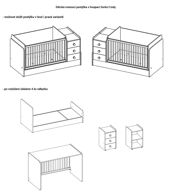 Detská rastúca postieľka s hojdaciou funkciou cody - dub svetlý.

 

Postieľka má pohyblivú bočnicu (teleskopické priečky), ktoré sa pri manipulácii zasúvajú do seba.

 

Postieľka je rastúca a môžete ju tak pretvoriť do "veľkej postele".

 

Súčasťou postieľky nie je matrac.

 

Postieľka Cody je vyrobená z kvalitného lamina hrúbky 8 a 16mm, ktoré poteší dobrou mechanickou odolnosťou a jednoduchou údržbou.

 

Všetok nábytok patriaci do kolekcie Cody nájdete nižšie v súvisiacich produktoch.