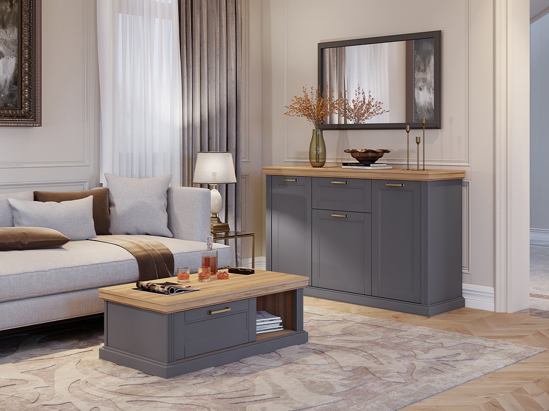 Obývacia izba artis - šedá/orech pacific.

 

 

Široká komoda Artis poskytuje úložný priestor v 3 skrinkách a 1 zásuvke.

 

Konferenčný stolík Artis má priestrannú 1 zásuvku a 1 otvorenú priehradku.

 

Televízny stolík široký Artis je vybavený 1 zásuvkou, 2 skrinkami a 1 otvorenou priehradkou.

 

Nízka vitrína Artis obsahuje 2 skrinky, horná je krytá dvierkami s tvrdeným sklom a spodná plnými dvierkami.

 

Úzka vitrína Artis je vybavená 2 skrinkami, horná je krytá dvierkami s tvrdeným sklom a spodnou plnými dvierkami.

 

Zrkadlo Artis je zasadené do profilovaného rámu z MDF líšt, lakovaných v grafitovo šedej farbe s matným efektom.

 

Polica Artis je vyrobená z profilovanej MDF dosky, potiahnutej fóliou v dekore orecha pacific.

 

 

Zostava sa skladá z týchto produktov:


	Široká komoda Artis-šedá/orech pacific - 167x102x48cm (š,v,h)
	Konferenčný stolík Artis-šedá/orech pacific – 110x40x61cm (š,v,h)
	TV stolík Artis-šedá/orech pacific – 177x52x54cm (š,v,h)
	Nízka vitrína Artis-šedá/orech pacific – 66x132x48cm (š,v,h)
	Úzka vitrína Artis-šedá/orech pacific – 66x200x48cm (š,v,h)
	Zrkadlo Artis-šedá/orech pacific – 125x75x4cm (š,v,h)
	Police Artis-orech pacific – 14x5x19cm (š,v,h)
	2x Osvetlenie pre vitríny – LN-18W



Všetky produkty z kolekcie Artis nájdete nižšie v súvisiacich produktoch.