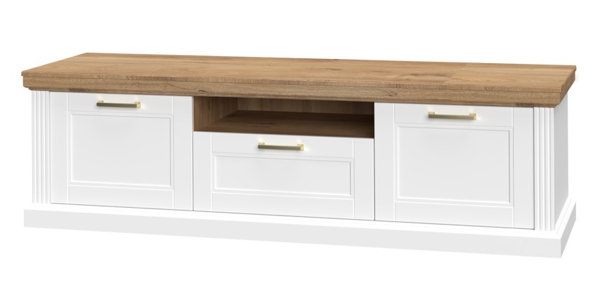 Obývacia stena artis - biela/orech pacific.

 

 

Televízny stolík široký Artis je vybavený 1 zásuvkou, 2 skrinkami a 1 otvorenou priehradkou.

 

Nízka vitrína Artis obsahuje 2 skrinky, horná je krytá dvierkami s tvrdeným sklom a spodná plnými dvierkami.

 

Úzkou vitrínu Artis tvoria 2 skrinky, horná je krytá dvierkami s tvrdeným sklom a spodnou plnými dvierkami.

 

Polica Artis je vyrobená z profilovanej MDF dosky, potiahnutej fóliou v dekore orecha pacific.

 

 

Zostava sa skladá z týchto produktov:


	TV stolík široký Artis-biela/orech pacific – 177x52x54cm (š,v,h)
	Nízka vitrína Artis-biela/orech pacific – 66x132x48cm (š,v,h)
	Úzka vitrína-biela/orech pacific – 66x200x48cm (š,v,h)
	Police Artis-orech pacific – 14x5x19cm (š,v,h)
	2x Osvetlenie pre vitríny – LN-18W


 


Všetky produkty z kolekcie Artis nájdete nižšie v súvisiacich produktoch.