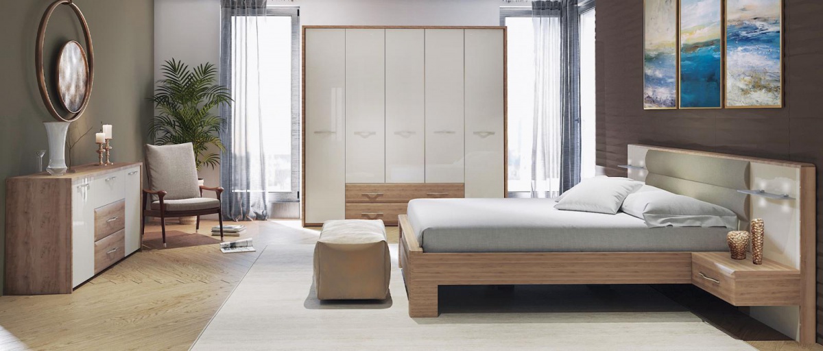 Spálňa 160 i hagop - orech pacifik/béžová.

 

 

Posteľ 160x200 Hagop je vyrobená z lamina s hrúbkou 2,5 cm prevažne v dekore orecha pacifik.

 

Závesný nočný stolík Hagop sa skladá zo závesného panelu, 1 zásuvky a sklenenej police.

 

Kombinovaná komoda Hagop obsahuje 3 zásuvky a 2 skrinky kryté dvierkami.

 

Kombinovaná skriňa 5D I Hagop sa skladá z úložného priestoru za 5 dvierkami av 2 zásuvkách.

 

 

Zostava sa skladá z týchto prvkov:


	Posteľ 160x200 Hagop - 166x100x223cm (š, v, h)
	Závesný nočný stolík s osvetlením Hagop-ľavý – 56x100x47cm (š, v, h)
	Závesný nočný stolík s osvetlením Hagop-pravý – 56x100x47cm (š, v, h)
	Kombinovaná komoda Hagop - 170x83x46cm (š, v, h)
	Kombinovaná skriňa 5D I Hagop s rámom - 232x227x72,5cm (š, v, h)


 


Všetky produkty z kolekcie Hagop nájdete nižšie v súvisiacich produktoch.