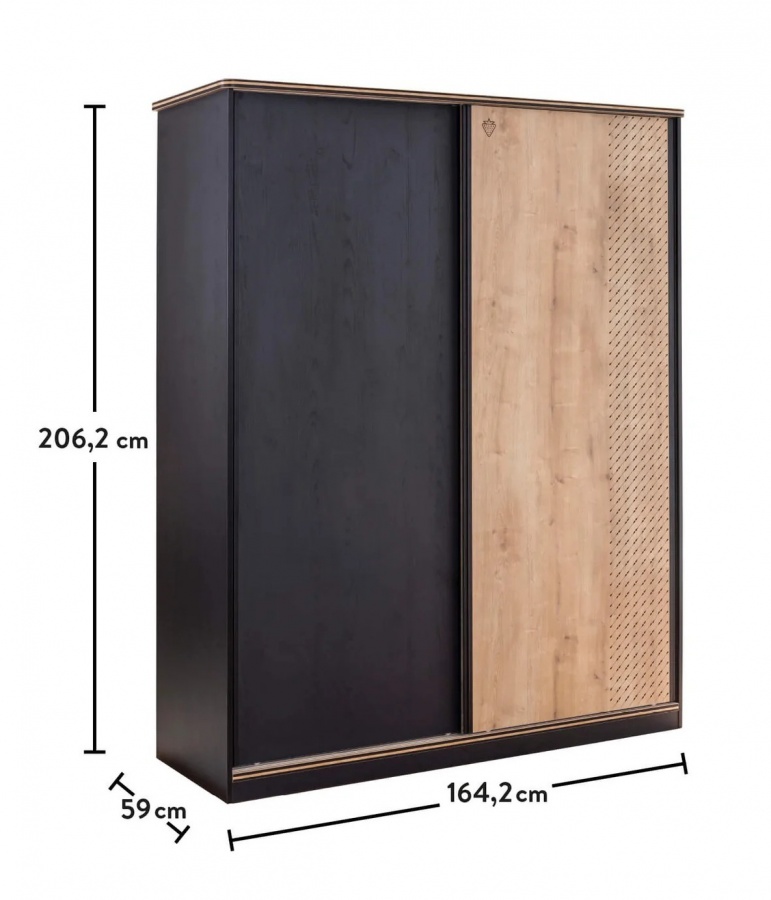 Šatníková skriňa s posuvnými dverami sirius - dub čierny/dub zlatý.

 

Vnútorný priestor skrine je veľmi vyvážene delený.

 

Chrbát skrine je navyše obohatený o vetracie otvory, čo prispieva k lepšiemu vetranie uložených vecí. Istenie na stenu, aby nedošlo k preklopeniu skrine, je súčasťou produktu.

 

Rozmery šatňové skrine s posuvnými dverami Sirius sú 164x206x59cm (š, v, h) 