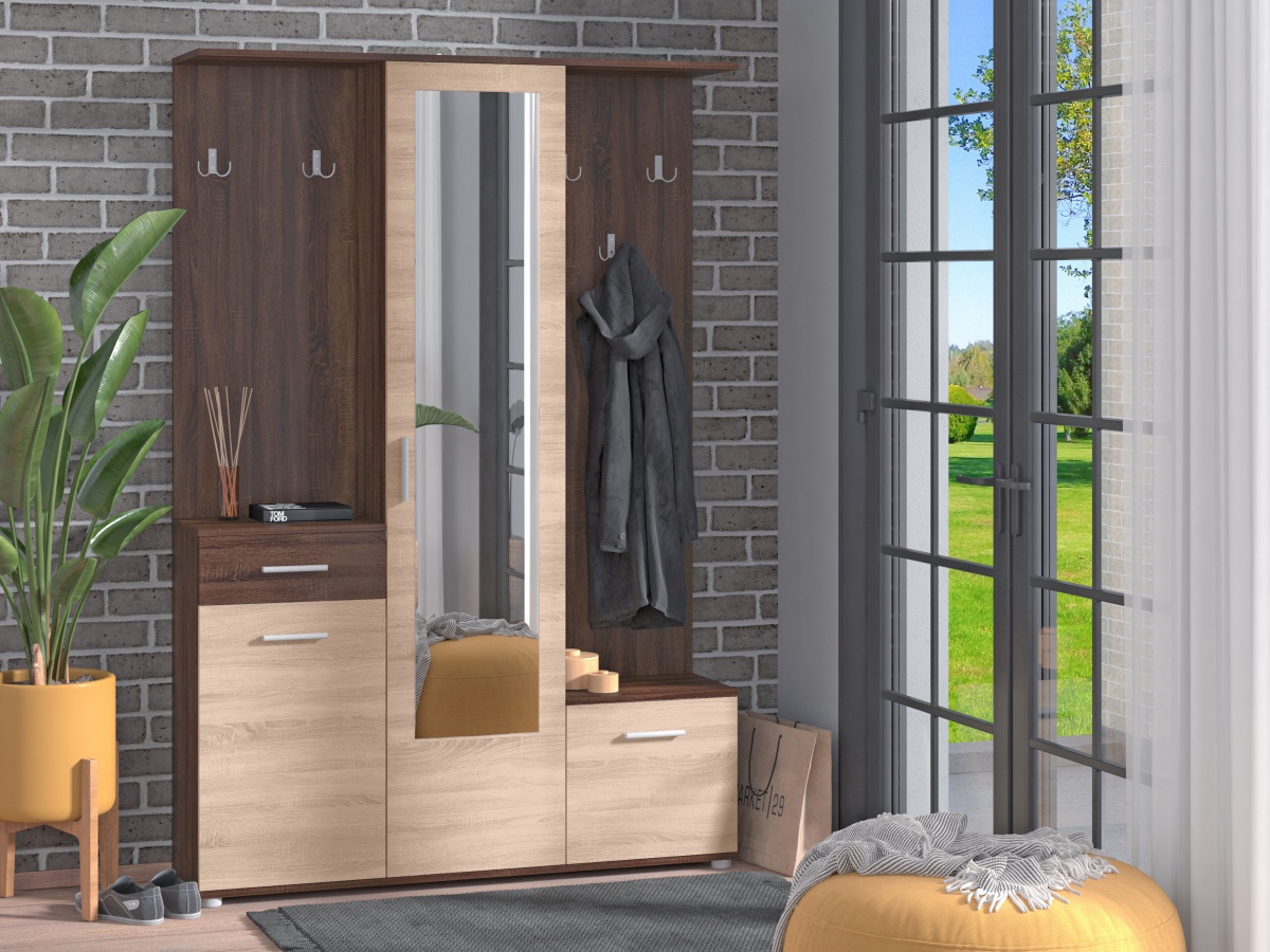 Predsieňová stena madeline - sonoma tmavá/dub sonoma.

 

Policové časti skriniek poslúži na odloženie obuvi a na háčiky odložíte bundy, kabáty alebo šatky.

 

Predsieňovú zostavu Madeline v inom farebnom prevedení nájdete nižšie v súvisiacich produktoch.