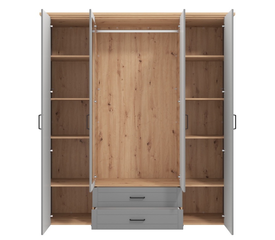 Šatníková skriňa 4d lotta - šedá/dub artisan.

 

Korpus šatníkovej skrine tvorí lamino v šedej farbe, dvierka a čelá zásuviek sú vyrobené z profilovaných MDF dosiek a pokryté matnou šedou fóliou.

 

Rozmery Šatníkové skrine 4D Lotta sú 190x210x58cm (š, v, h).

 

Všetky produkty z kolekcie Lotta nájdete nižšie v súvisiacich produktoch.