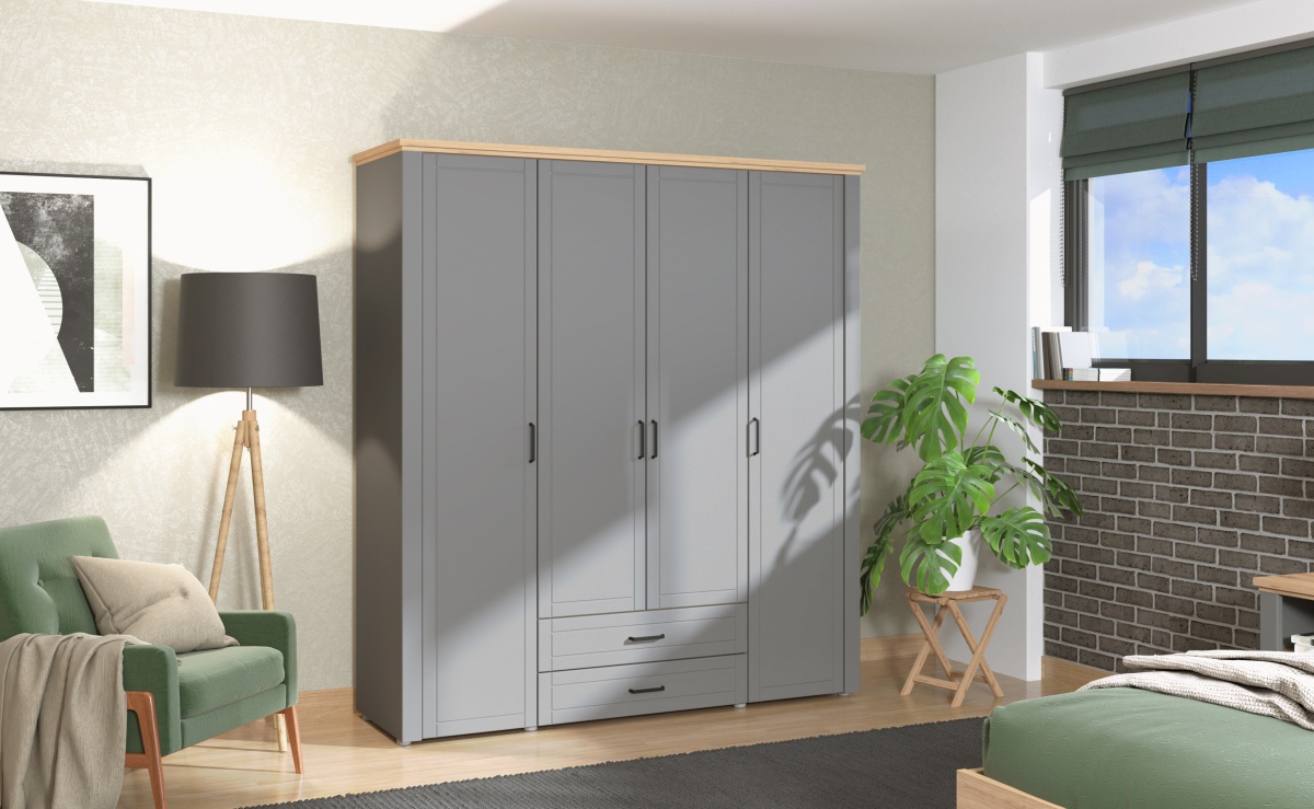 Šatníková skriňa 4d lotta - šedá/dub artisan.

 

Korpus šatníkovej skrine tvorí lamino v šedej farbe, dvierka a čelá zásuviek sú vyrobené z profilovaných MDF dosiek a pokryté matnou šedou fóliou.

 

Rozmery Šatníkové skrine 4D Lotta sú 190x210x58cm (š, v, h).

 

Všetky produkty z kolekcie Lotta nájdete nižšie v súvisiacich produktoch.