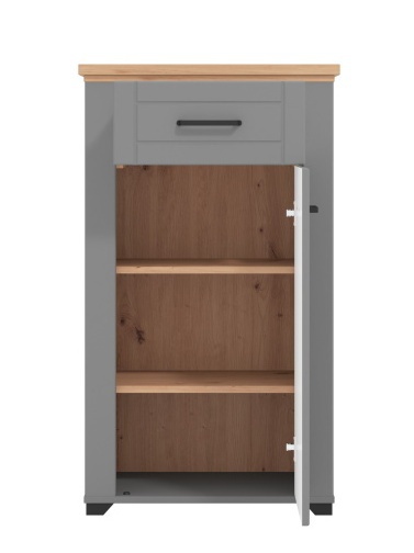 Předsíňová komoda lotta - šedá/dub artisan.

 

Korpus predsieňovej komody je tvorený laminom v šedej farbe, dvierka a čelo zásuvky naopak tvorí profilovaná MDF doska potiahnutá matnou šedou fóliou.

 

Rozmery Predsieňové komody Lotta sú 60,5x105x41cm (š, v, h).

 

Všetky produkty z kolekcie Lotta nájdete nižšie v súvisiacich produktoch.