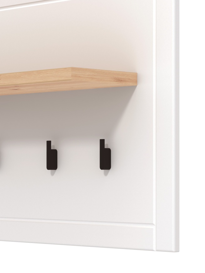 Predsieň lotta - biela/dub artisan.

 

Predsieňová skriňa ponúka priestor na odloženie oblečenia aj obuvi.

 

Korpus predsieňovej komody je tvorený laminom v bielej farbe, dvierka a čelo zásuvky naopak tvorí profilovaná MDF doska potiahnutá matnou bielou fóliou.

 

Botník je vyrobený z lamina v bielej farbe, dvierka sú z profilovanej MDF dosky potiahnuté matnou bielou fóliou.

 

Vešiak tvorí základná doska z lamina v bielej farbe s MDF profilmi, pokrytá matnou bielou fóliou.

 

Zrkadlo je určené na zavesenie na stenu.

 

Zostava sa skladá z týchto prvkov:

Predsieňová skriňa Lotta - 75x194,5x41cm (š, v, h)
Predsieňová komoda Lotta - 60,5x105x41cm (š, v, h)
Botník Lotta - 103,5x47,5x41cm (š, v, h)
Vešiakový panel Lotta - 86,5x57x19,5cm (š, v, h)
Nástenné zrkadlo Lotta - 57x80x2cm (š, v, h)


Všetky produkty z kolekcie Lotta nájdete nižšie v súvisiacich produktoch.