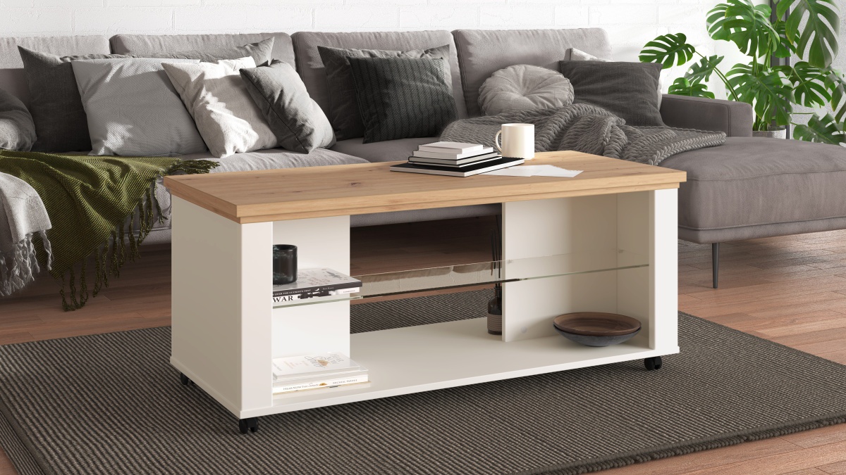 Konferenčný stolík na kolieskach lotta - biela/dub artisan.

 

Korpus konferenčného stolíka je vytvorený z lamina, ktoré je pokryté matnou bielou fóliou.

 

Rozmery Konferenčného stolíka Lotta sú 114,5x49x55,5cm (š, v, h).

 

Všetky produkty z kolekcie Lotta nájdete nižšie v súvisiacich produktoch.