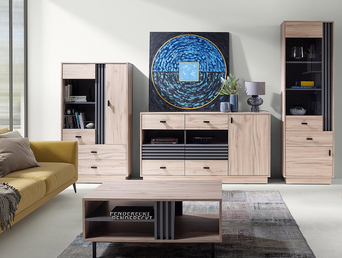 Obývacia stena eliot - dub estana/šedá.

 

Presklená vitrína je nesmrteľným kúskom, ktorý by nemal chýbať v žiadnej obývačke.

 

Široká komoda ponúka mnoho úložného priestoru vo forme priehradiek, 6 zásuviek a jednej policovej skrinky.

 

Vysoká komoda je vďaka svojim preskleným dvierkam veľmi podobná vitríne.

 

Celá kolekcia bola vyrobená z vysoko kvalitného lamina s hrúbkou 16mm.

 

Obývacia stena sa skladá z týchto prvkov:


	Presklená vitrína Eliot – 60x195x45cm (š, v, h)
	Široká komoda Eliot - 155x85x40cm (š, v, h)
	Vysoká komoda Eliot - 80x145x40cm (š, v, h)



Všetky produkty z kolekcie Eliot nájdete nižšie v súvisiacich produktoch.