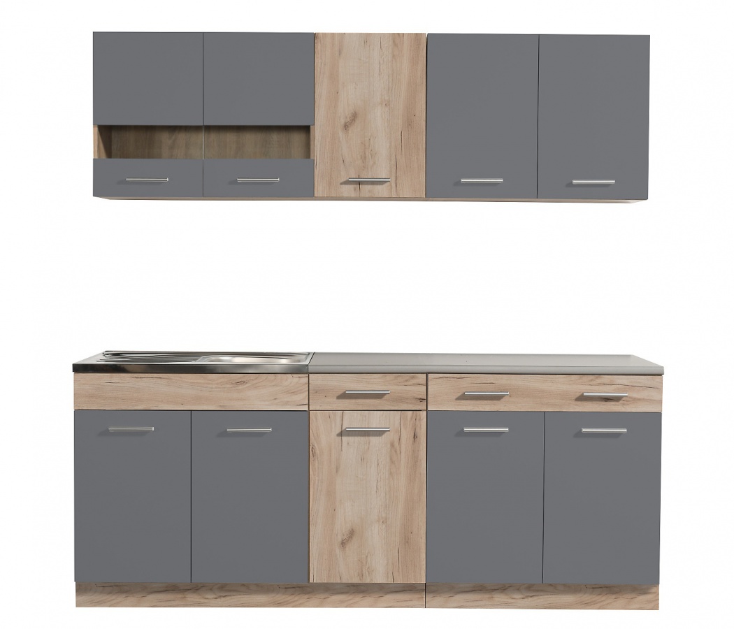 Kuchynská linka 200 lorna-dub šedý/šedá - pracovná doska - 200cm.

Všetky horné skrinky ukrývajú jednu vnútornú policu. Skrinka naľavo má presklené dvierka.

Dolná linka ponúka úložný priestor v podobe drezovej skrinky s dvierkami, jednu úzku skrinku so zásuvkou a jednu širokú skrinku so zásuvkou.

Korpus kuchynskej linky tvorí lamino s hrúbkou 1,6cm.

KUCHYNSKÁ LINKA JE DODÁVANÁ BEZ DREZU.

 

Rozmery kuchynskej linky 200 Lorna bez pracovnej dosky sú 200,5x206,5x60cm (š, v, h).

 

Ďalšie kuchynské linky z kolekcie Lorna nájdete nižšie v súvisiacich produktoch.