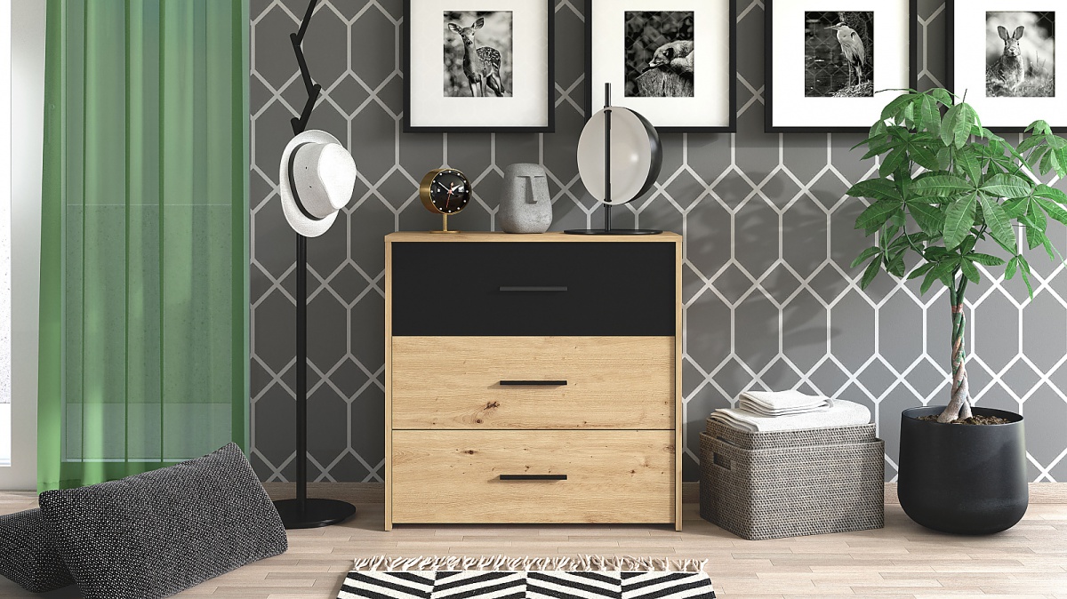 Zásuvková komoda geralt - dub artisan/čierna.

 

Komoda štandardnej veľkosti s tromi priestrannými a širokými zásuvkami je ideálnou voľbou do každej miestnosti.

 

Rozmery zásuvkovej komody Geralt sú 80,5x80,5x33cm (š, v, h).

 

Všetky produkty z kolekcie Geralt nájdete nižšie v súvisiacich produktoch.