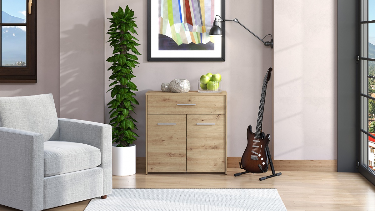 Komoda 2d+1z joel - dub artisan.

 

Komoda je opatrená jednou širokou zásuvkou a dvierkami za ktorými sa skrývajú dve priehradky.

 

Rozmery komody 2D+1Z Joel sú 80,5x80,5x33cm (š, v, h).

 

Všetky produkty z kolekcie Joel nájdete nižšie v súvisiacich produktoch.