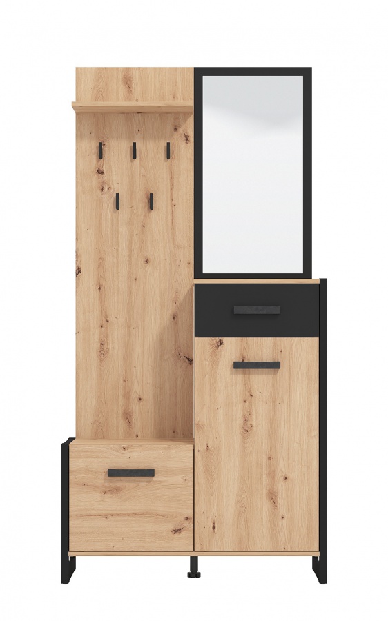 Predsieňová stena so zrkadlom scalea - dub artisan/čierna.

 

Predsieňová stena v dekore duba artisan je doladená čiernymi detailmi ako sú háčiky, široké úchytky či rám zrkadla.

 

Rozmery predsieňovej steny so zrkadlom Scalea sú 89,5x191x33,5cm (š, v, h).

 

Všetky produkty z kolekcie Scalea nájdete nižšie v súvisiacich produktoch.