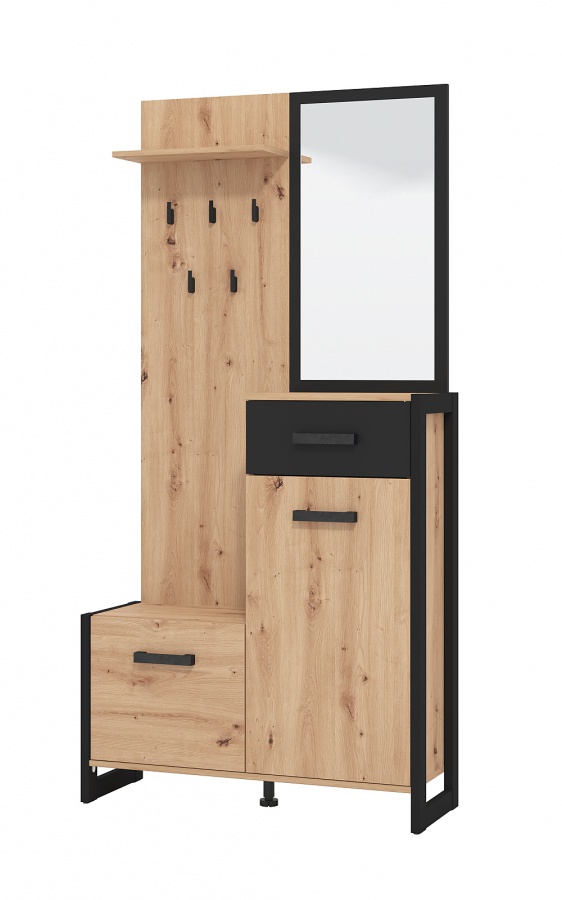 Predsieňová stena so zrkadlom scalea - dub artisan/čierna.

 

Predsieňová stena v dekore duba artisan je doladená čiernymi detailmi ako sú háčiky, široké úchytky či rám zrkadla.

 

Rozmery predsieňovej steny so zrkadlom Scalea sú 89,5x191x33,5cm (š, v, h).

 

Všetky produkty z kolekcie Scalea nájdete nižšie v súvisiacich produktoch.