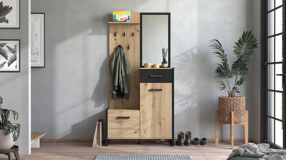 Predsieňová stena so zrkadlom scalea - dub artisan/čierna.

 

Predsieňová stena v dekore duba artisan je doladená čiernymi detailmi ako sú háčiky, široké úchytky či rám zrkadla.

 

Rozmery predsieňovej steny so zrkadlom Scalea sú 89,5x191x33,5cm (š, v, h).

 

Všetky produkty z kolekcie Scalea nájdete nižšie v súvisiacich produktoch.