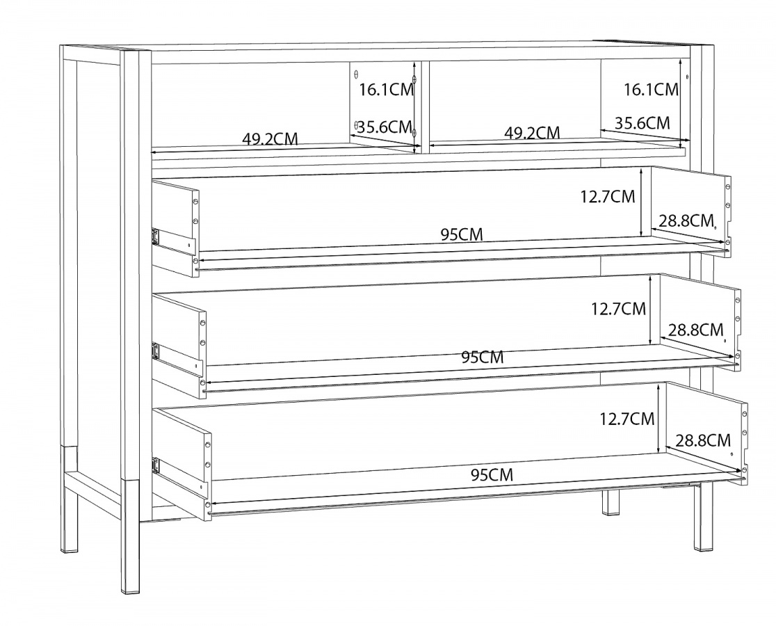 Zásuvková komoda shelby - dub bartex/čierna.

 

Okrem troch širokých a hlbokých zásuviek, určite oceníte aj dve priehradky, ktoré sa nachádzajú v hornej časti.

 

V čom je HDF doska lepšia ako MDF?

Výrobný proces je u HDF dosky rovnaký ako u MDF, ale HDF má podstatne vyššiu hustotu drevených vlákien.

 

Rozmery zásuvkovej komody Shelby sú 109,4x90,7x41,5cm (š, v, h).

 

Všetky produkty z kolekcie Shelby nájdete nižšie v súvisiacich produktoch.