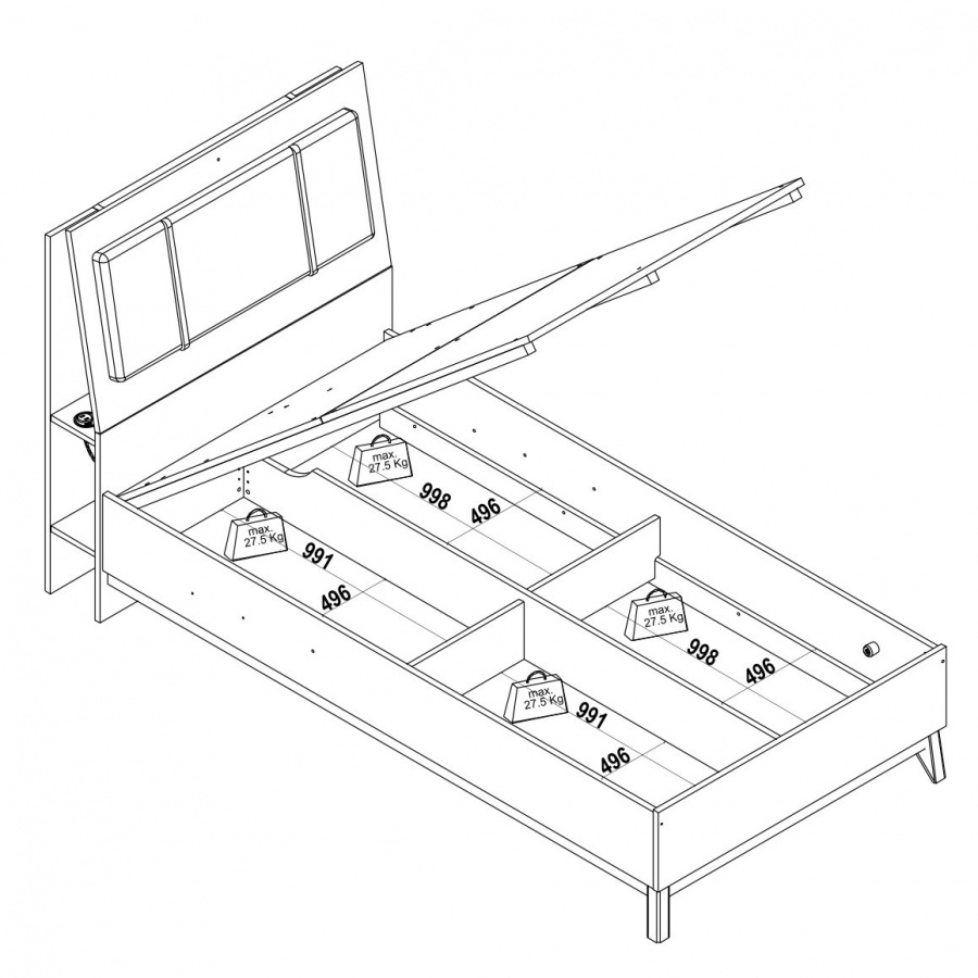 Študentská posteľ 100x200 s výklopným úložným priestorom thor -.

 

Na čele postele sa nachádza textilné čalúnenie s 2 dekoratívnymi pruhmi v béžovej farbe.

 

Študentská posteľ 100x200 s výklopným úložným priestorom Thor je vyrobená z lamina 1.

 

Rozmery študentskej postele 100x200 s výklopným úložným priestorom Thor sú 106x121x223cm (š, v, h).

 

Všetky produkty z kolekcie Thor a vhodné matrace pre túto posteľ nájdete nižšie v súvisiacich produktoch.