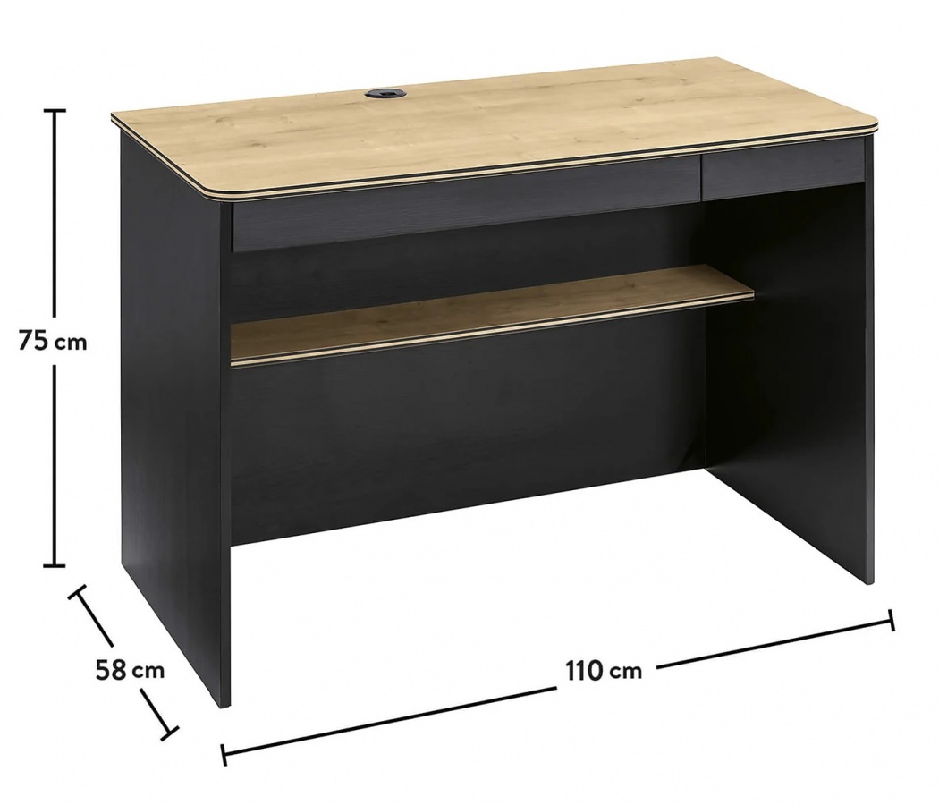 Malý písací stôl sirius - dub čierny/dub zlatý.

 

Ihneď pod pracovnou doskou, ktorá je opatrená otvorom s plastovou záslepkou, kadiaľ môžete viesť káble k notebooku alebo lampičke, nájdeme dve úzke šuplíky.

 

Z pravej vonkajšej bočnej strany stola je pripevnený praktický háčik, kam si môže dieťa zavesiť aktovku alebo batoh.

 

Rozmery malého písacieho stola Sirius sú 110x75x58cm (š, v, h)

 

Všetok nábytok patriaci do kolekcie Sirius nájdete nižšie v súvisiacich produktoch.