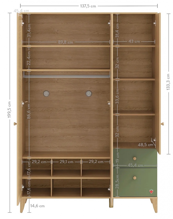 Trojdverová šatníková skriňa habitat - dub/zelená.

 

Trojdverová skriňa Habitat je praktickým kúskom do detskej izby.

 

 

Rozmery trojdverovej skrine Habitat sú 137,5x199,5x52,5cm (š, v, h).

 

 

Všetky produkty z kolekcie Habitat nájdete nižšie v súvisiacich produktoch.