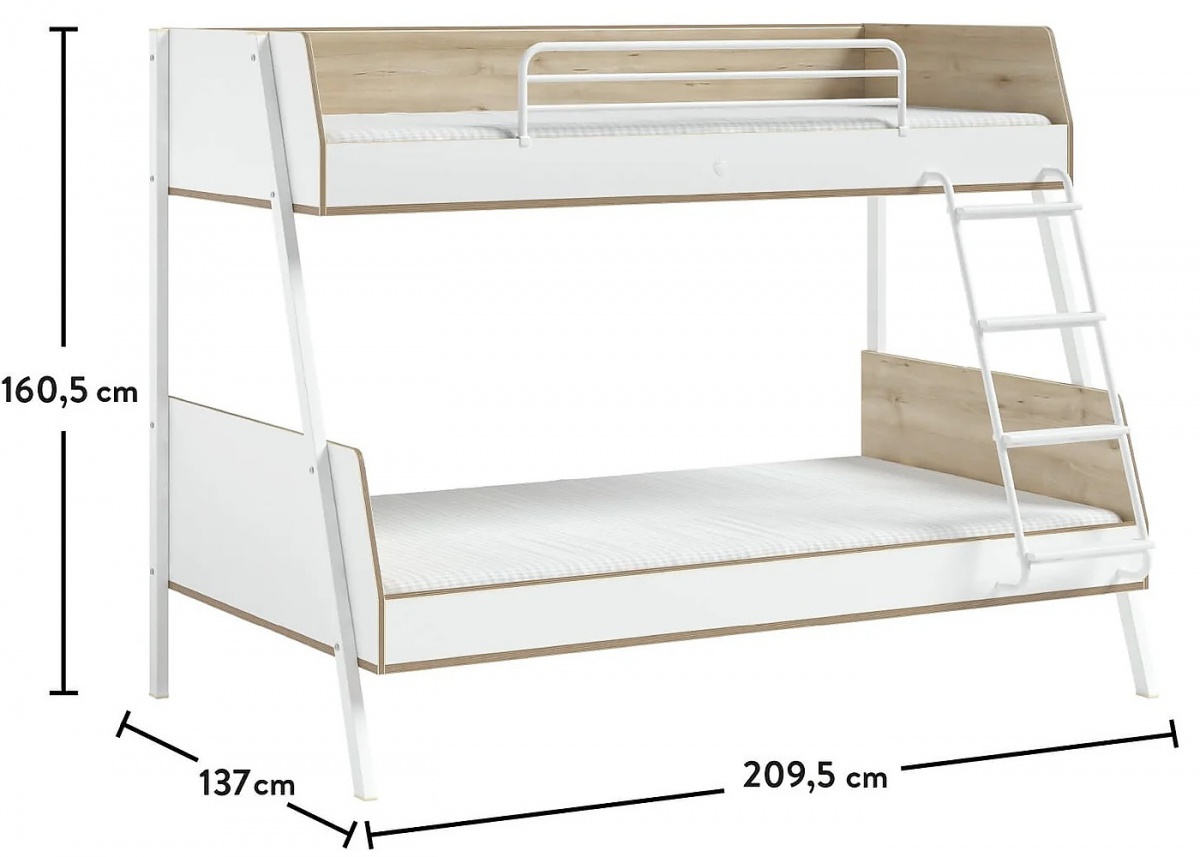 Poschodová posteľ 90x200+120x200cm dylan - biela/dub svetlý.

 

Pred rizikom pádu z vrchnej postele ochráni vaše dieťa pevné bočnice.

 

Rozmery poschodové študentské postele Dylan sú 137x161x210cm (š, v, h).

 

Všetok nábytok patriaci do kolekcie Dylan nájdete nižšie v súvisiacich produktoch.